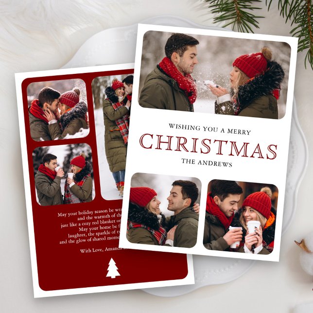 Modern Red Minimal 6 Photo Collage Christmas Holiday Card (Creator Uploaded)