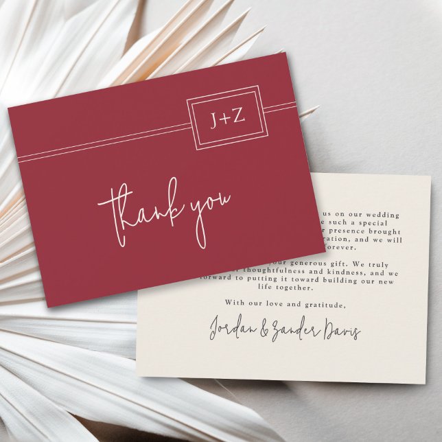 Modern Red Minimalist Monogram Wedding Thank You Card (Creator Uploaded)