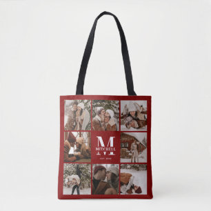 Modern Red Monogram and Photo Collage Personalised Tote Bag