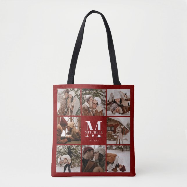 Modern Red Monogram and Photo Collage Personalised Tote Bag (Front)