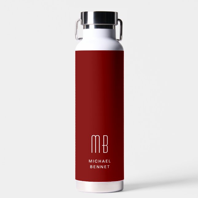 Modern Red Monogram Water Bottle (Front)