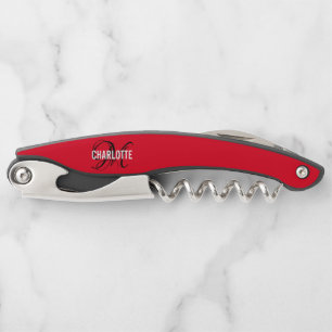 Modern red monogram woman name corkscrew