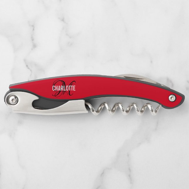 Modern red monogram woman name   corkscrew (Front)