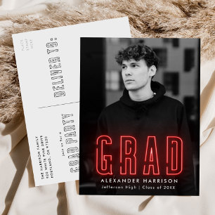 Modern Red Neon Photo Graduation Party Invitation Postcard