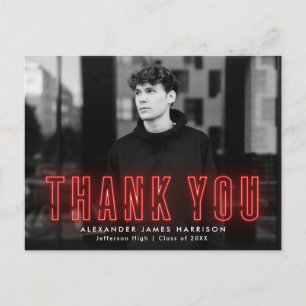Modern Red Neon Photo Graduation Thank You Postcard