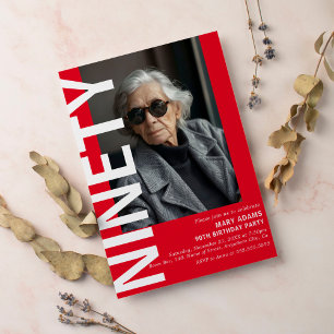 Modern Red NINETY Photo 90th Birthday Party Invitation