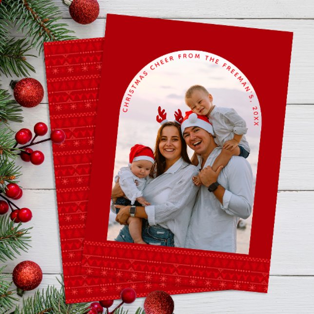 Modern Red Nordic Arch Photo Christmas Card (Red Nordic Arched Christmas Card)