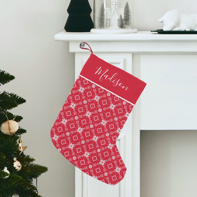 Modern Red Nordic Snowflake Personalised Small Christmas Stocking (Creator Uploaded)