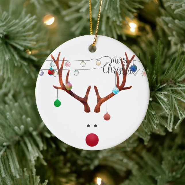 Modern Red Nosed Reindeer Colourful Lights Ceramic Ornament (Tree)