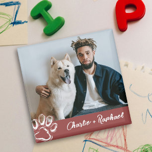 Modern Red One Sided Dog Pet Photo Paw Print  Magnet