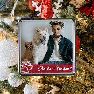 Modern Red One Sided Dog Pet Photo Paw Print Metal Ornament