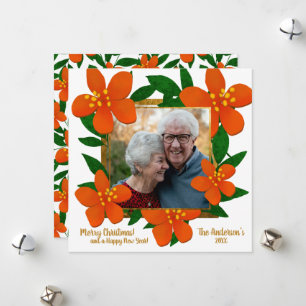 Modern Red Orange Gold Floral Frame Photo Holiday Card