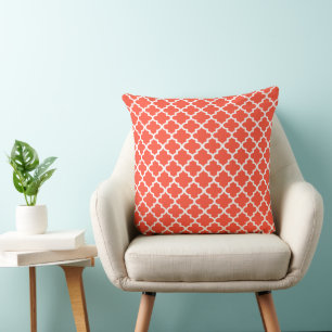 Modern Red Orange Moroccan Quatrefoil Pattern Cushion