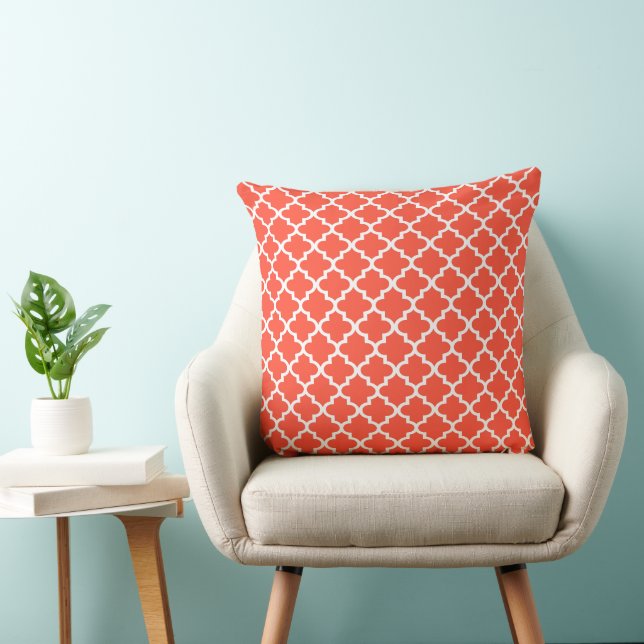 Modern Red Orange Moroccan Quatrefoil Pattern Cushion (Chair)