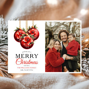 Modern Red Ornaments Merry Christmas Photo Holiday Card