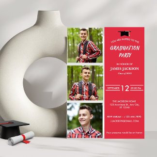 Modern Red Photo Collage 2024 Graduation Party  Invitation