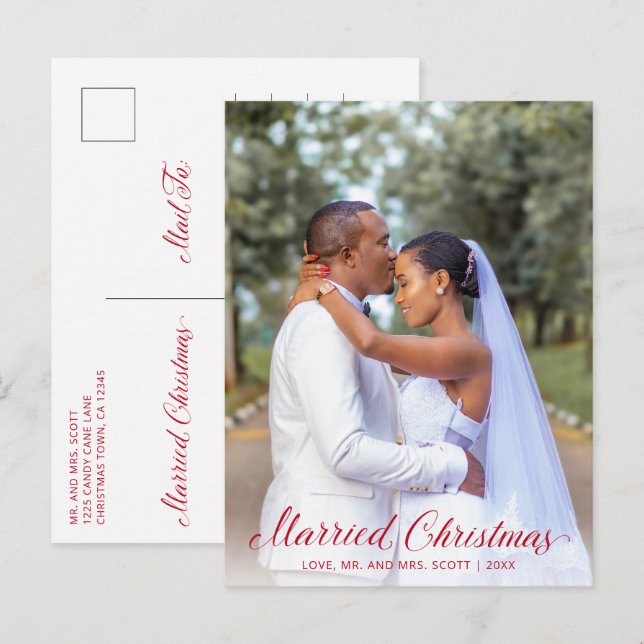 Modern Red Photo Elegant Newlywed Christmas Holiday Postcard (Front/Back)