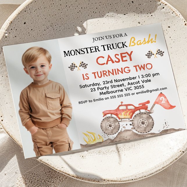 Modern Red Photo Monster Truck Bash Birthday Invitation (Monster Truck Bash Birthday Invitation With Photo, Boys Red Monster Truck Birthday Invite Any Age)