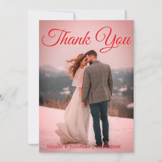 Modern Red  Photo Wedding Thank You Card W Note (Front)