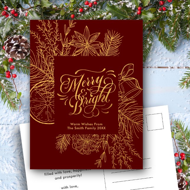 Modern Red Pine Bough Floral Elegant Gold Script Holiday Postcard (Creator Uploaded)