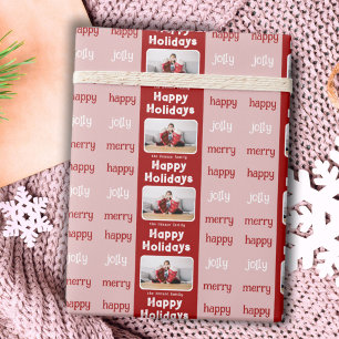 Modern Red Pink Family Photo Christmas Happy Wrapping Paper