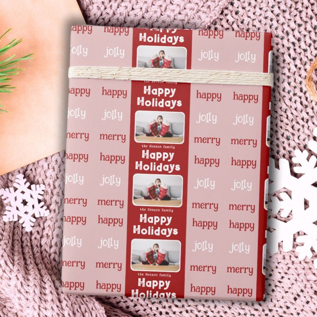 Modern Red Pink Family Photo Christmas Happy Wrapping Paper (Creator Uploaded)