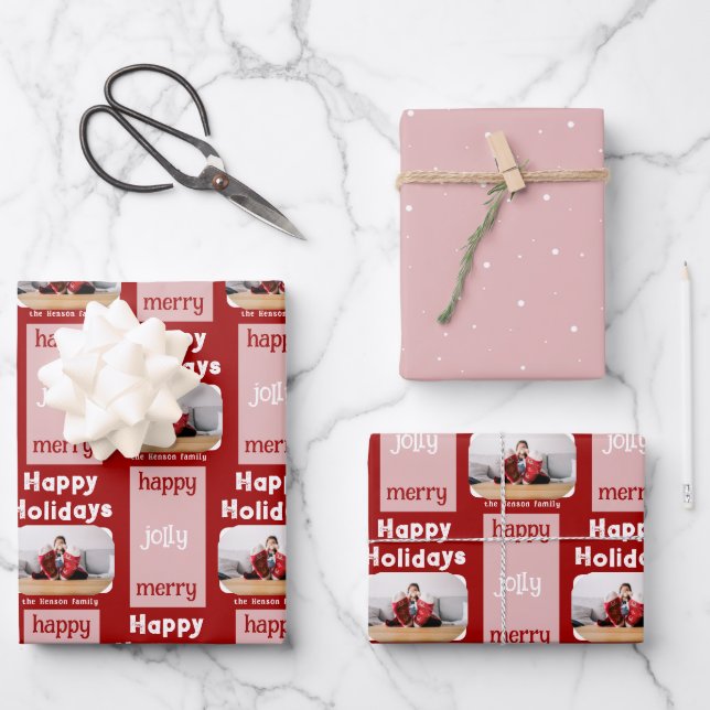 Modern Red Pink Family Photo Christmas Happy  Wrapping Paper Sheet (Front)