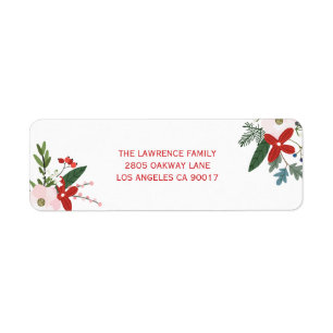 Modern Red Pink Floral Merry Christmas Address Return Address Label