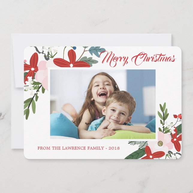 Modern Red Pink Floral Merry Christmas Photo Card (Front)