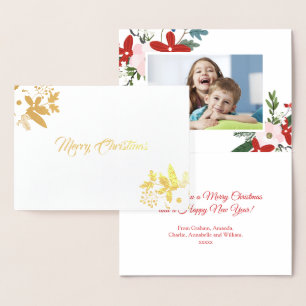 Modern Red Pink Floral Merry Christmas Photo Card