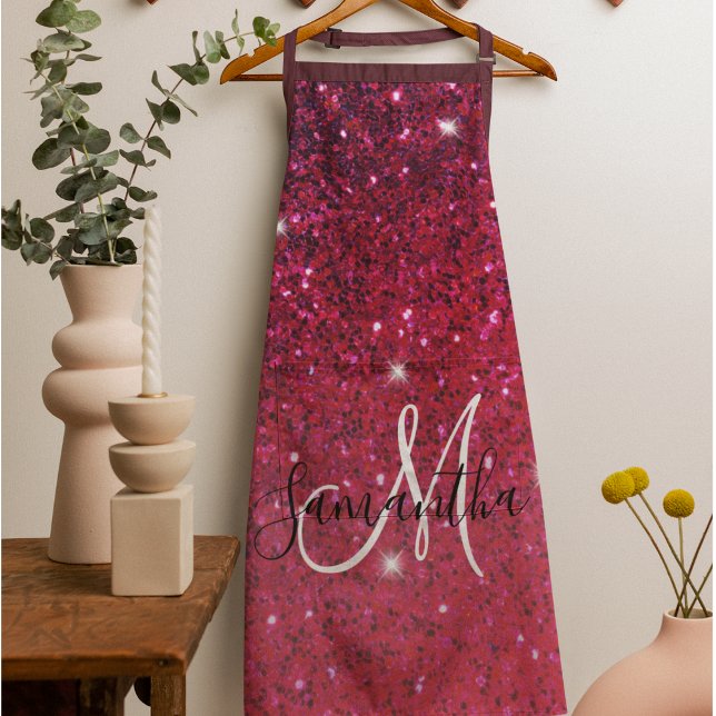Modern Red & Pink Glitter Sparkles Name Apron (Creator Uploaded)