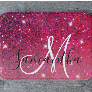 Modern Red & Pink Glitter Sparkles Name Bath Mat
