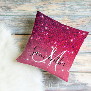 Modern Red & Pink Glitter Sparkles Name Cushion