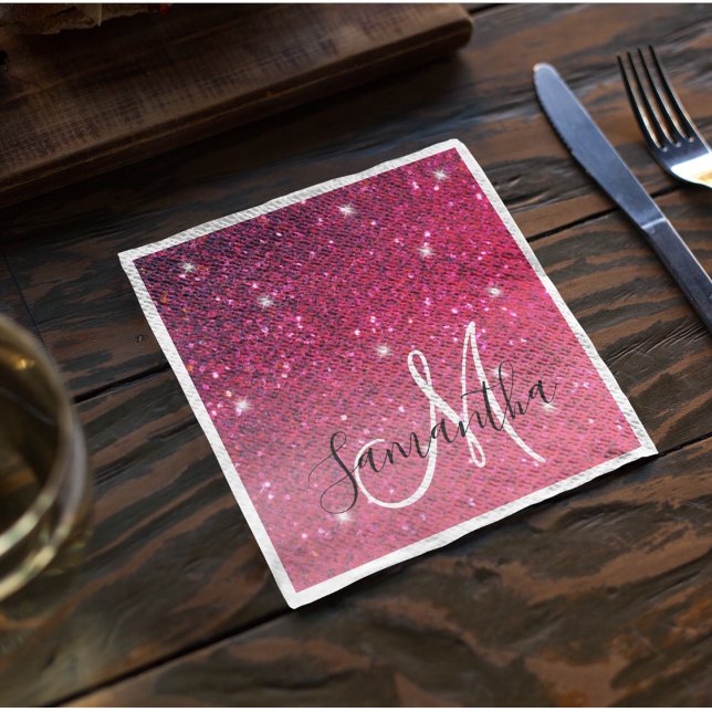 Modern Red & Pink Glitter Sparkles Name Napkin (Creator Uploaded)