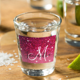 Modern Red & Pink Glitter Sparkles Name Shot Glass