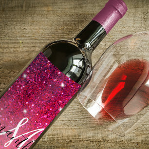 Modern Red & Pink Glitter Sparkles Name Wine Label