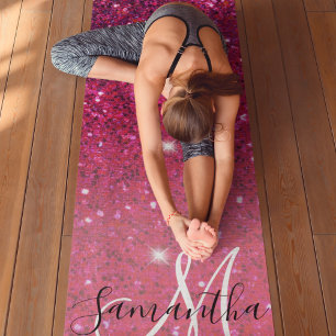 Modern Red & Pink Glitter Sparkles Name Yoga Mat