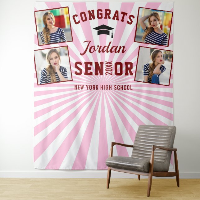 Modern Red Pink Graduation 4 Photo Booth Backdrop Tapestry (In Situ)