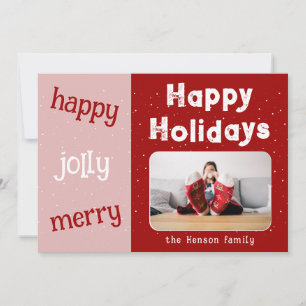 Modern Red Pink Photo Snowflake Christmas Happy Holiday Card