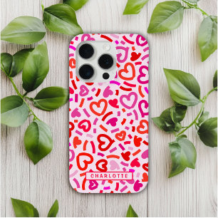 Modern Red Pink Purple Romantic Love Heart Pattern iPhone 15 Pro Case