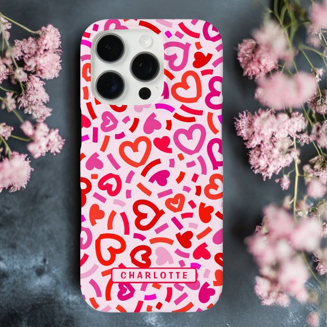Modern Red Pink Purple Romantic Love Heart Pattern Case-Mate iPhone Case (Creator Uploaded)