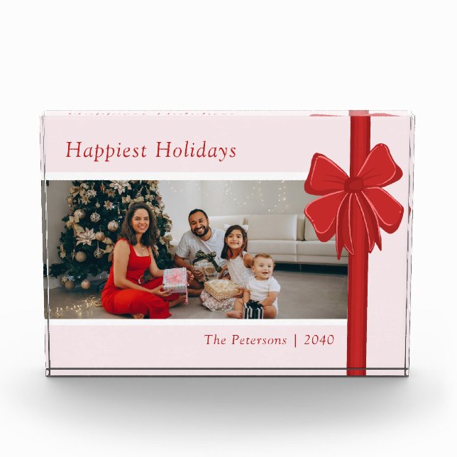 Modern Red & Pink Ribbon Bow Wrap Christmas Photo Block (Front)