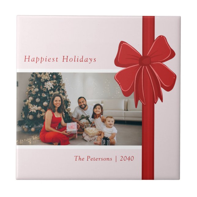 Modern Red & Pink Ribbon Bow Wrap Photo Christmas Ceramic Tile (Front)