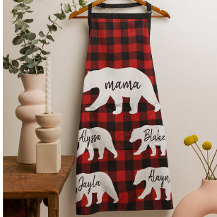 Modern Red Plaid And White Mama Bear Gift Apron