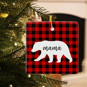 Modern Red Plaid And White Mama Bear Gift Ceramic Ornament