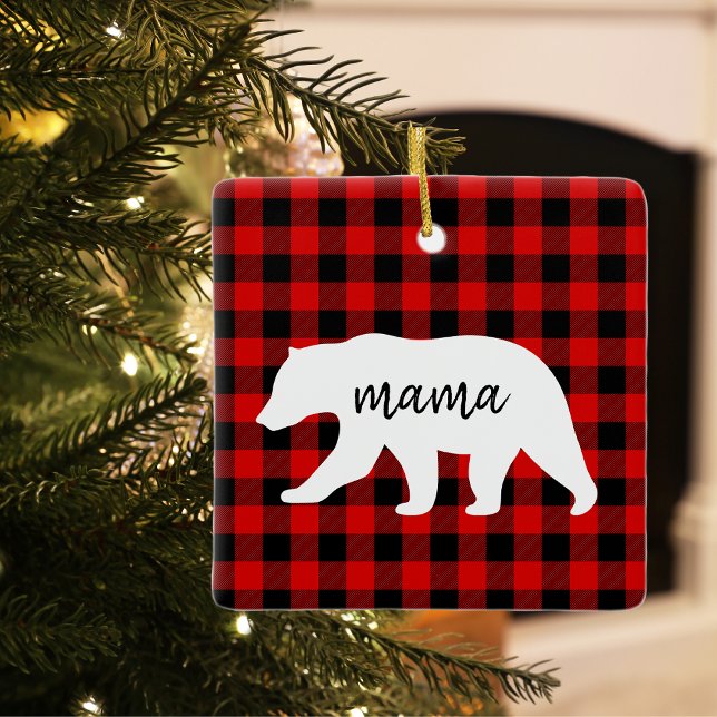 Modern Red Plaid And White Mama Bear Gift Ceramic Ornament (Creator Uploaded)