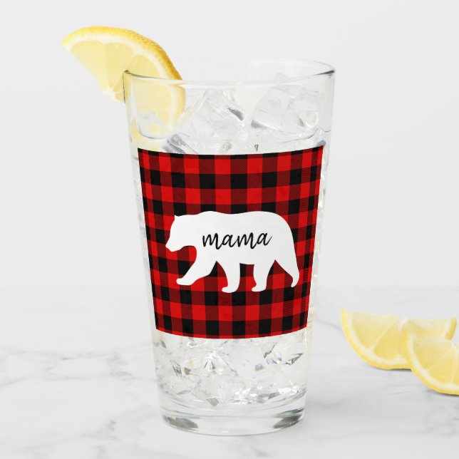 Modern Red Plaid And White Mama Bear Gift Glass (Front Ice)