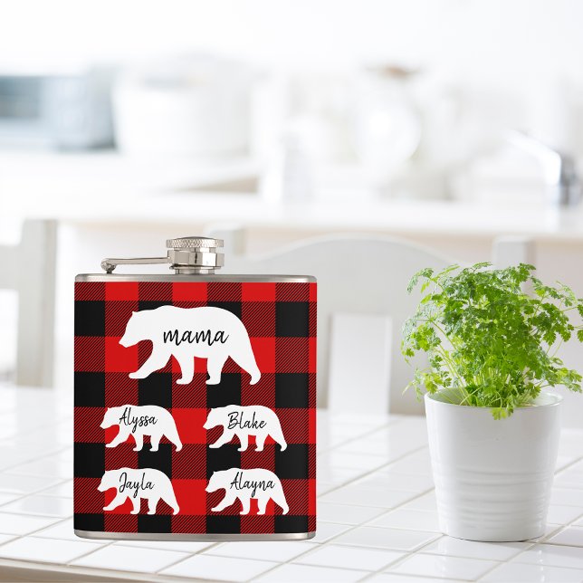 Modern Red Plaid And White Mama Bear Gift Hip Flask (Creator Uploaded)