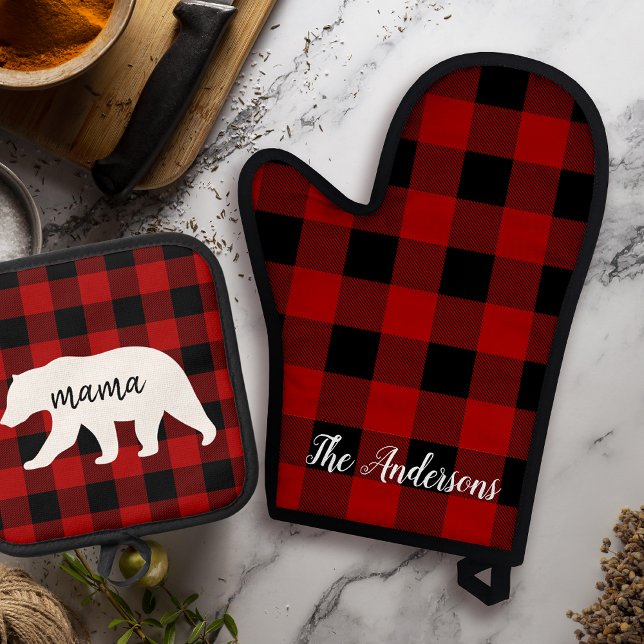 Modern Red Plaid And White Mama Bear Gift Oven Mitt & Pot Holder Set (Creator Uploaded)