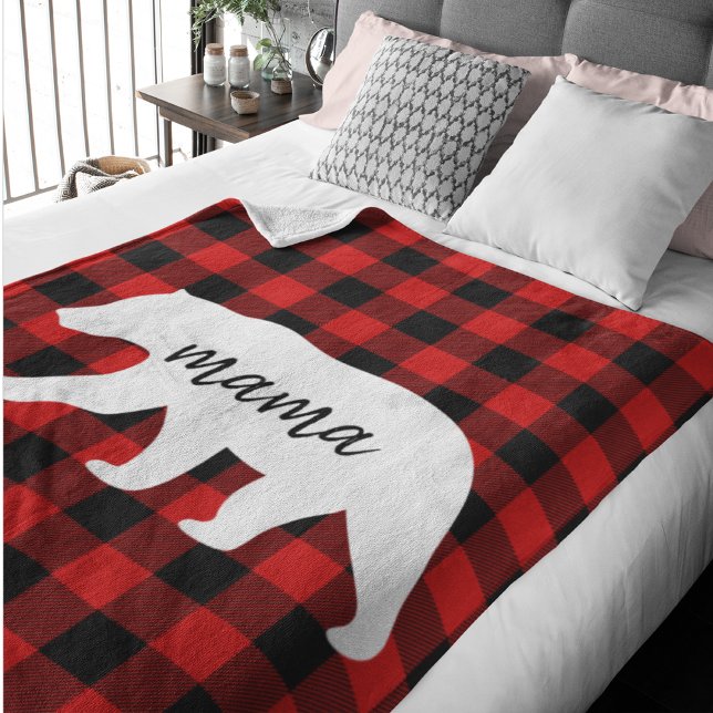 Modern Red Plaid And White Mama Bear Gift Sherpa Blanket (Creator Uploaded)